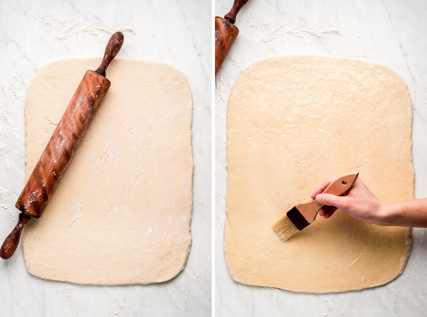 Diptych- Dough rolled out into a rectangle with a rolling pin on it; Brushing the rolled out dough with melted butter.