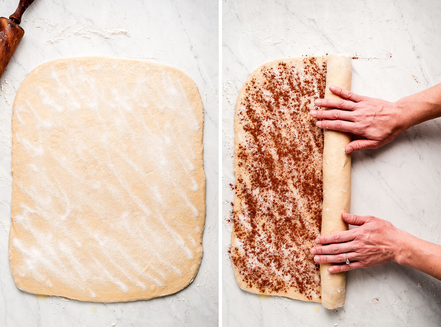 Diptych- Rolled out dough with sugar sprinkled over the top; Cinnamon added and two hands rolling the dough up into a log.