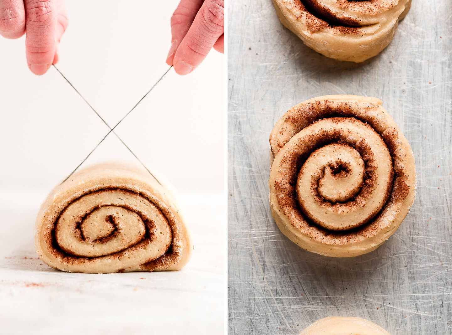 Diptych- Using string to slice the log of cinnamon roll dough; close up shot of uncooked cinnamon roll.