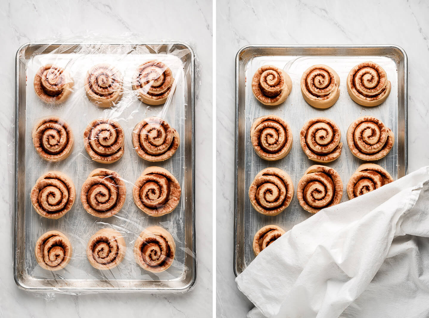Uncooked cinnamon rolls on a baking sheet covered in plastic wrap; Rolls after being refrigerated and covered halfway with a white tea towel.