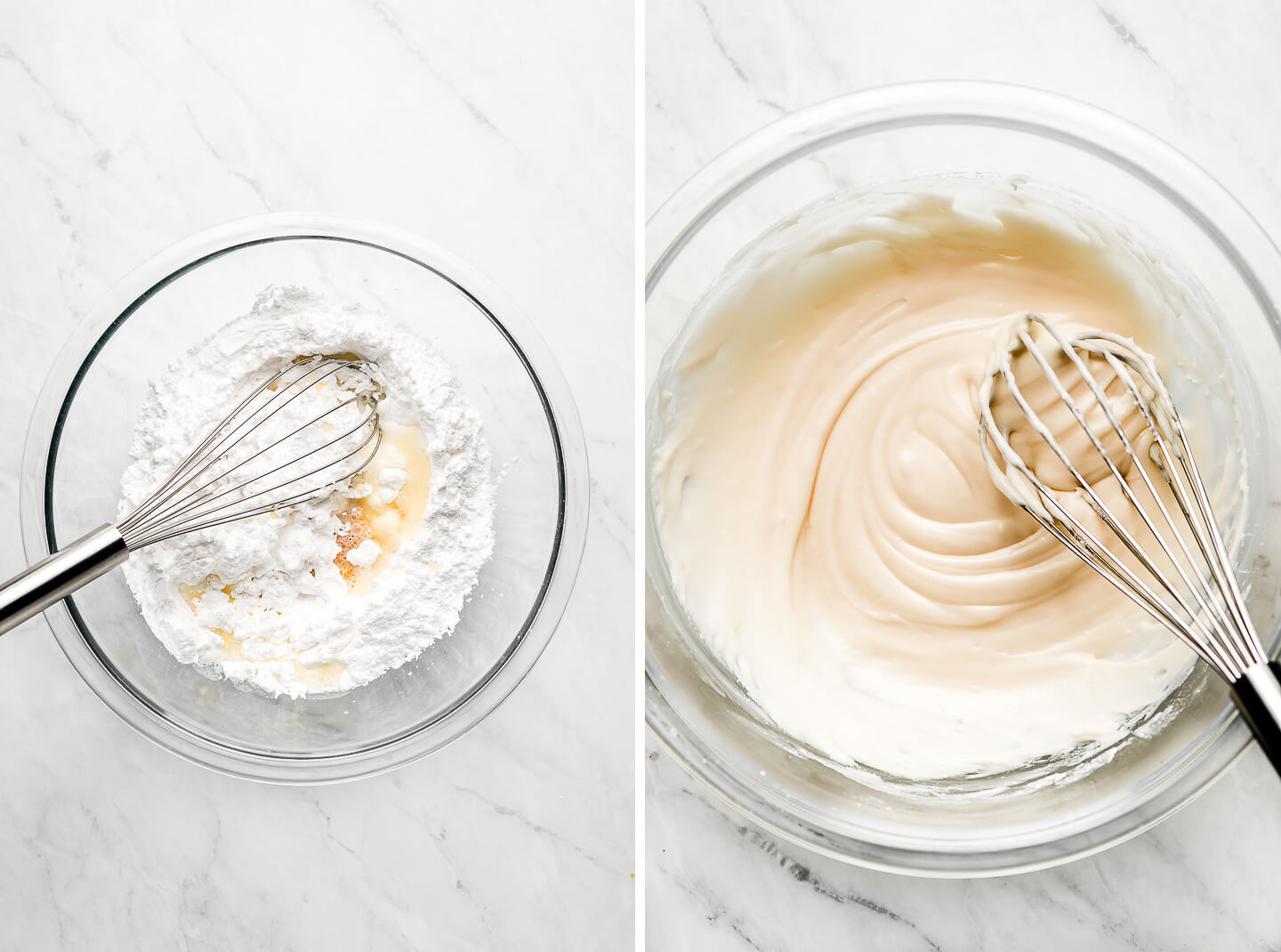 Diptych- A mixing bowl of powdered sugar, cream, melted butter, and vanilla; icing in a bowl with a whisk.