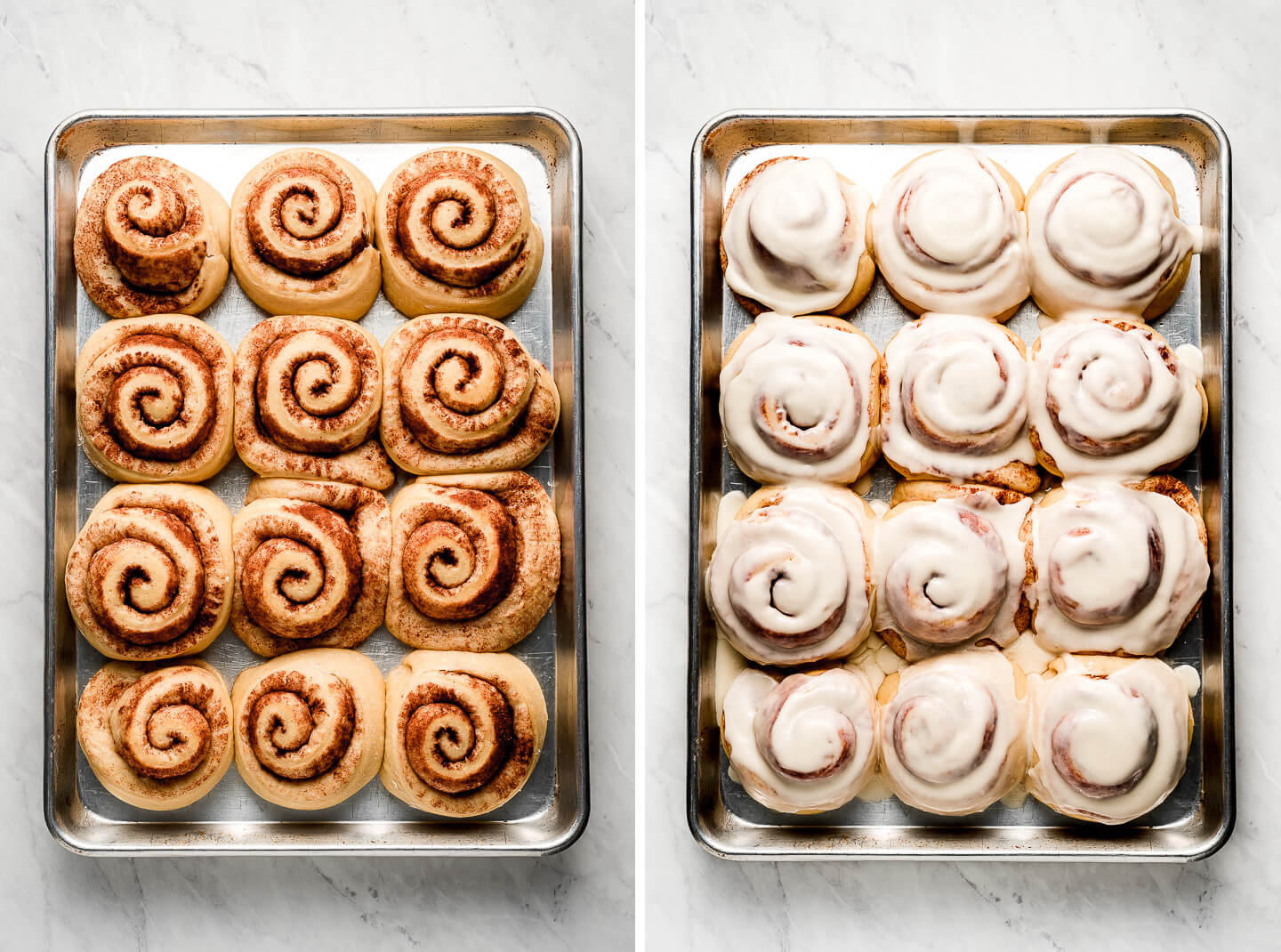 Diptych-Baked cinnamon rolls on a pan; cinnamon rolls covered in icing on a pan.