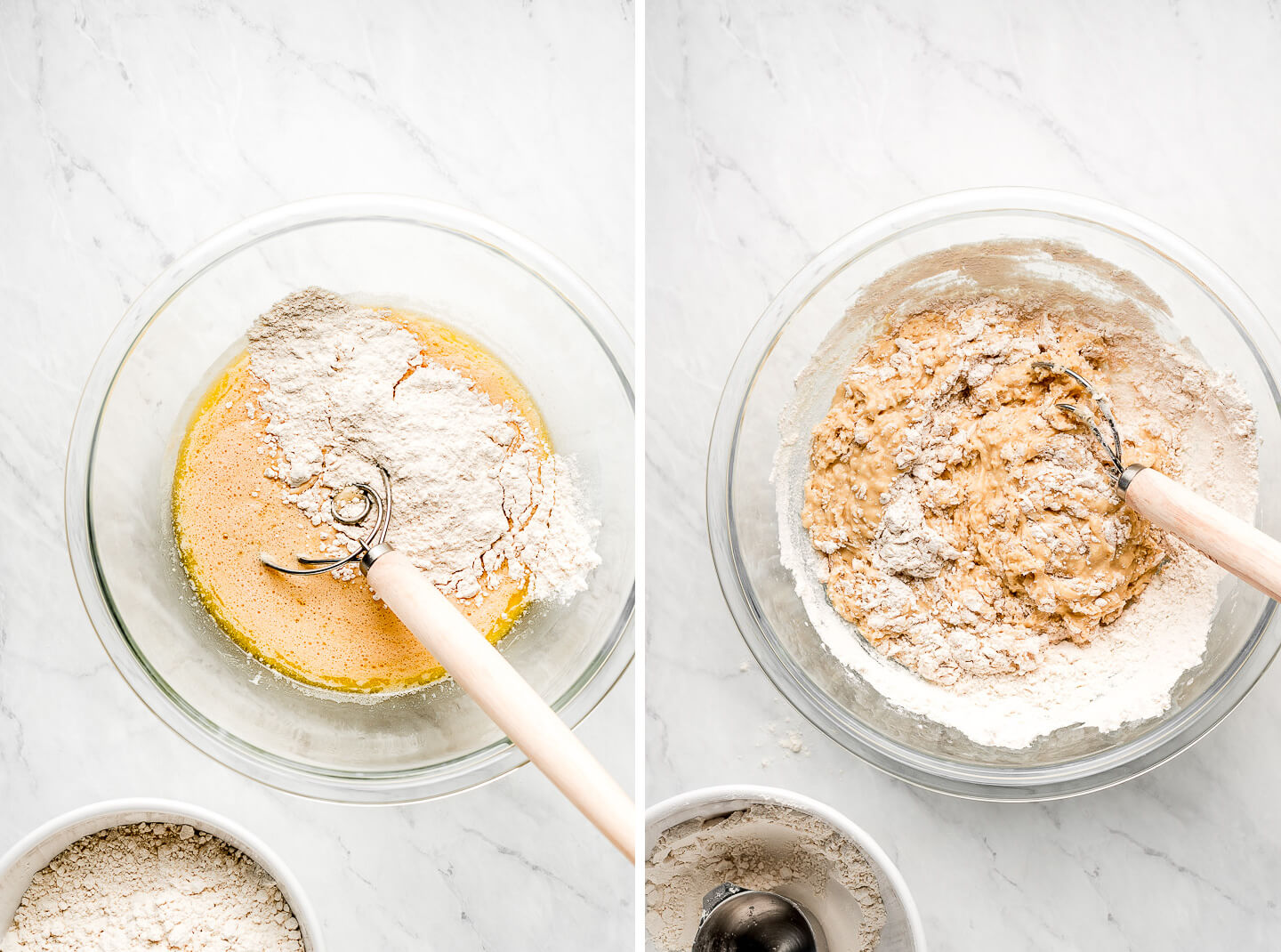 Diptych- Mixing flour into a bowl yeast, butter, and water with a danish whisk; more flour added to the bowl to create a dough.