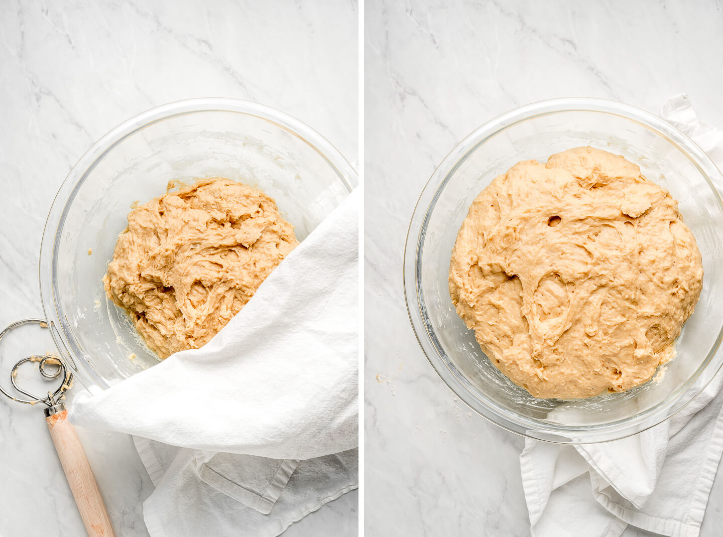 Diptych- dough in a bowl with a Danish whisk to the side and a tea towel coving half the bowl; risen dough in a bowl.