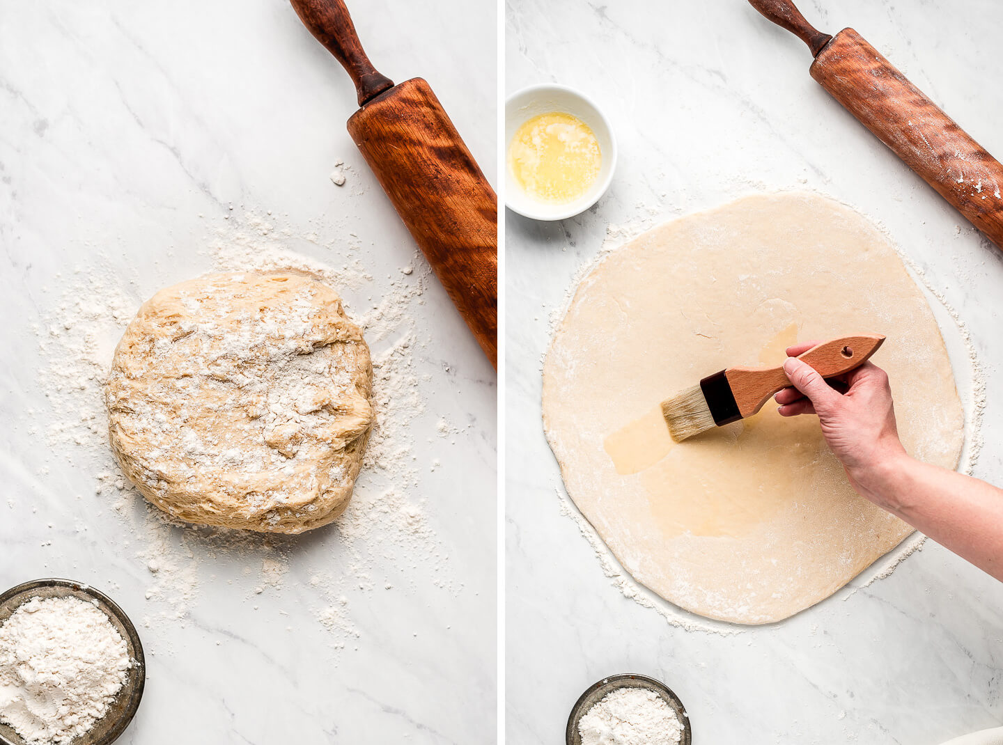 Diptych- Mound of dough on a floured surface with a rolling pin to the side; Brushing melted butter onto a rolled out circle of dough.