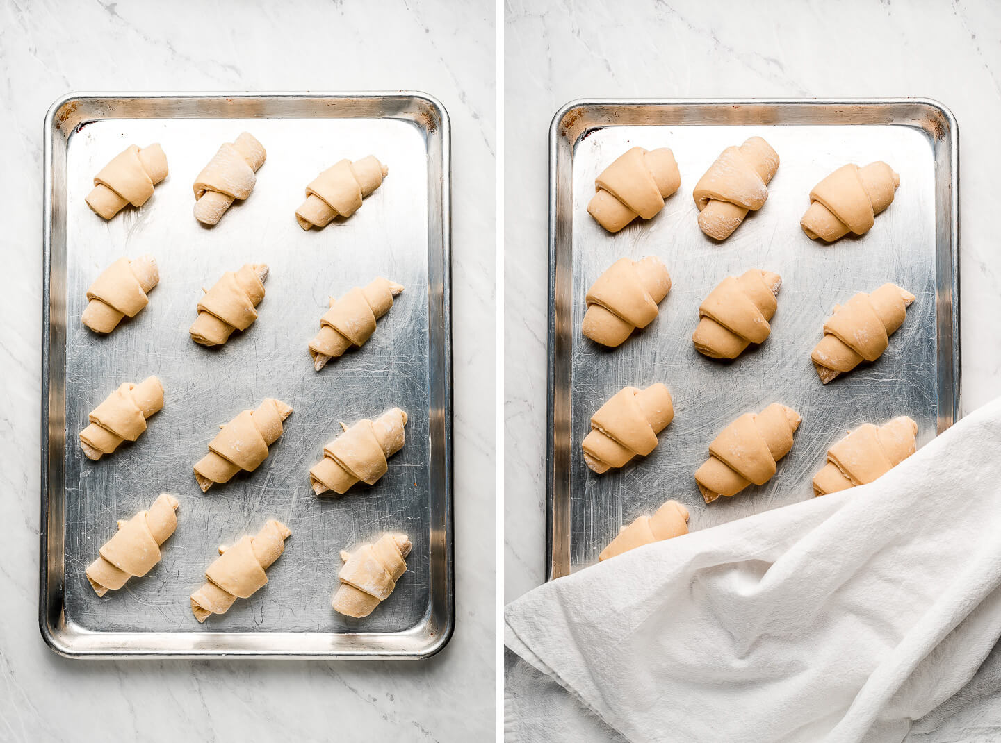 Diptych- Dough rolled into crescents on a large baking sheet; rolls risen with a towel covering half of them.