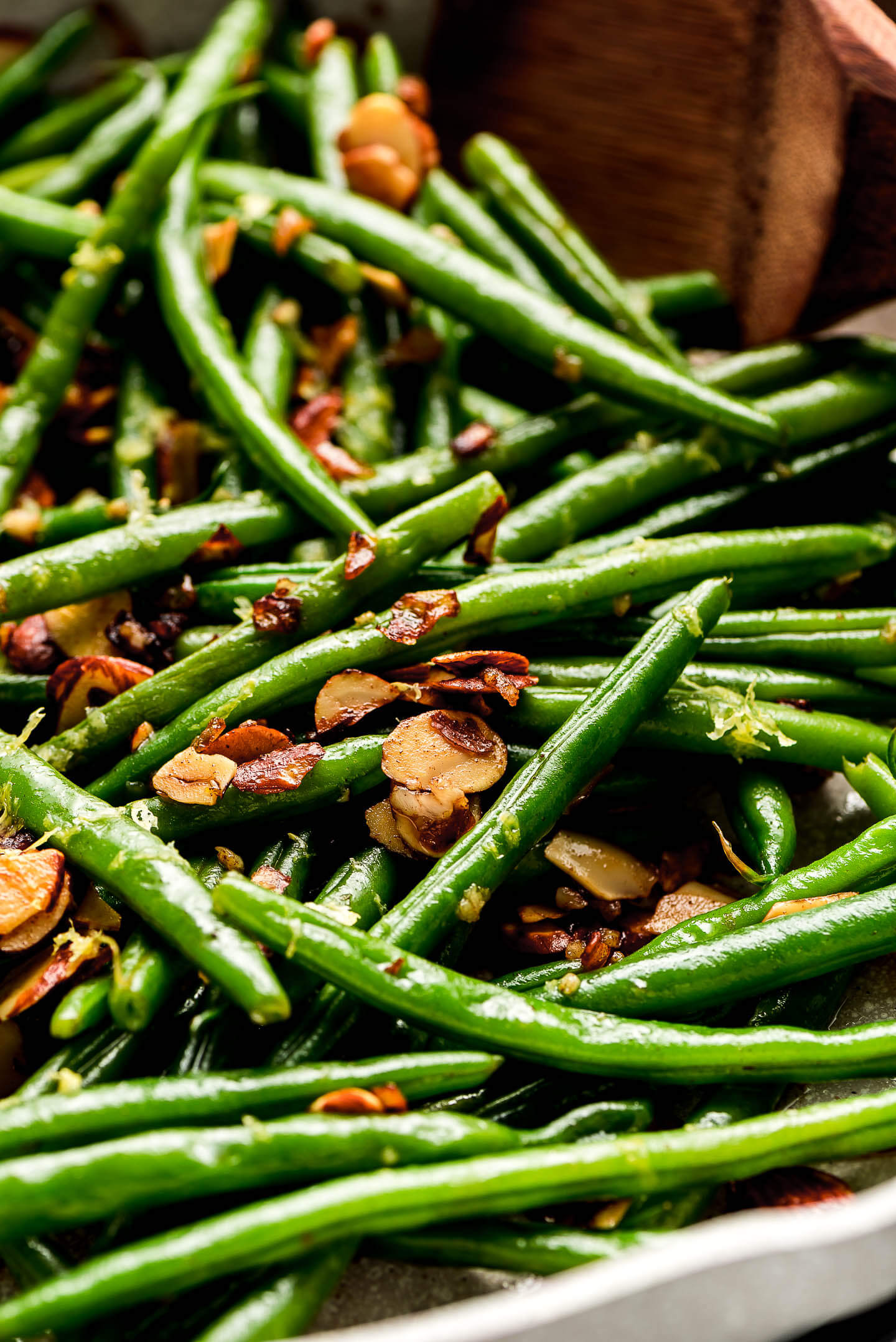 Close up shot of Green Beans Almondine.