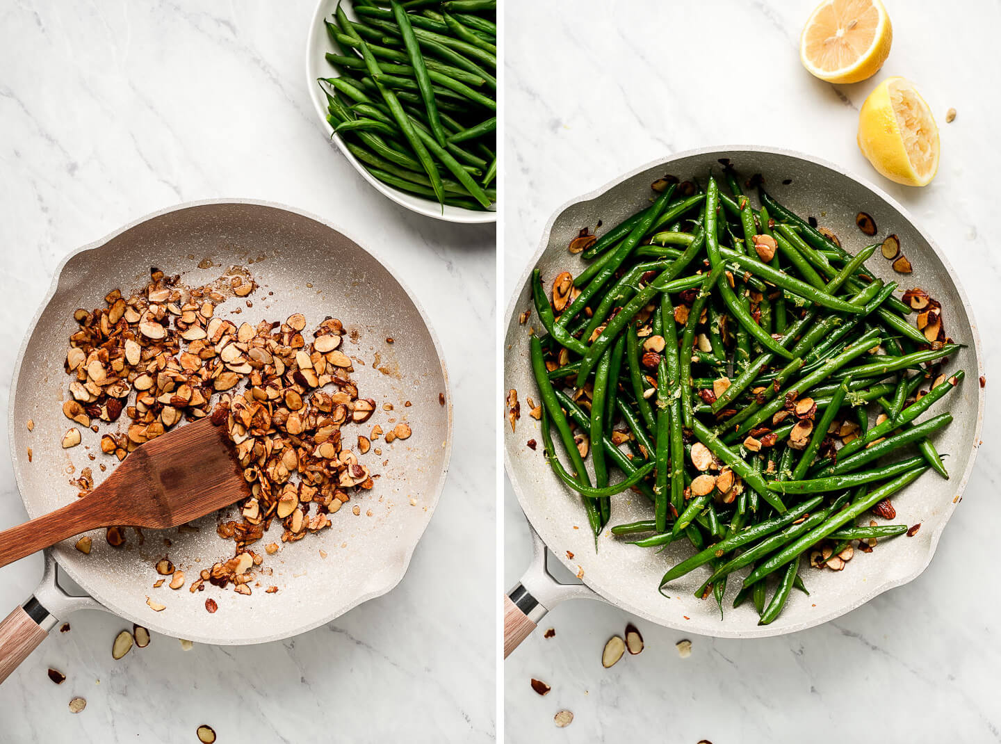 Diptych- Toasted sliced almonds in a pan with a bowl of green beans to the side; a pan of green beans with toasted almonds and halved lemons to the side.