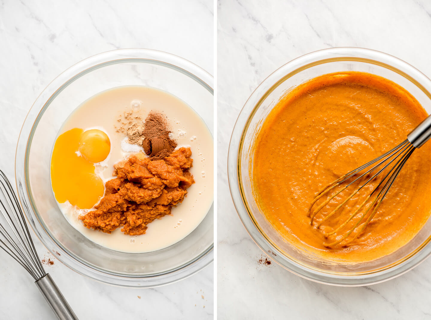 Diptych- Sweetened condensed milk, pumpkin puree, egg yolks, and spices in a mixing bowl; ingredients all mixed together.