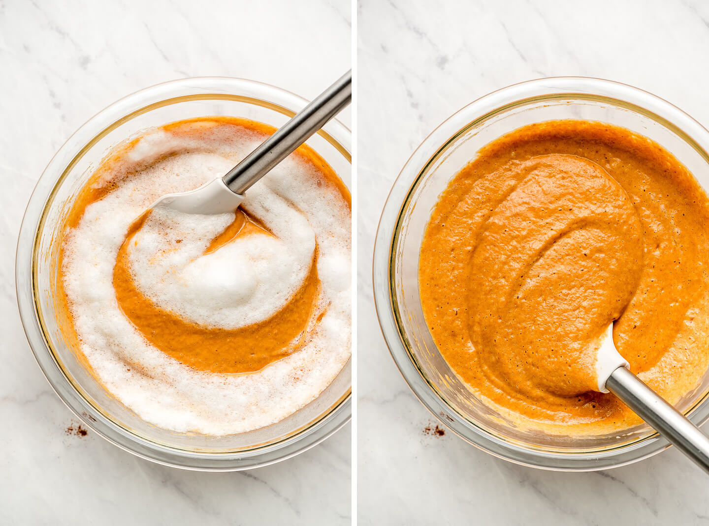 Diptych- Process of folding whipped egg whites into pumpkin batter.