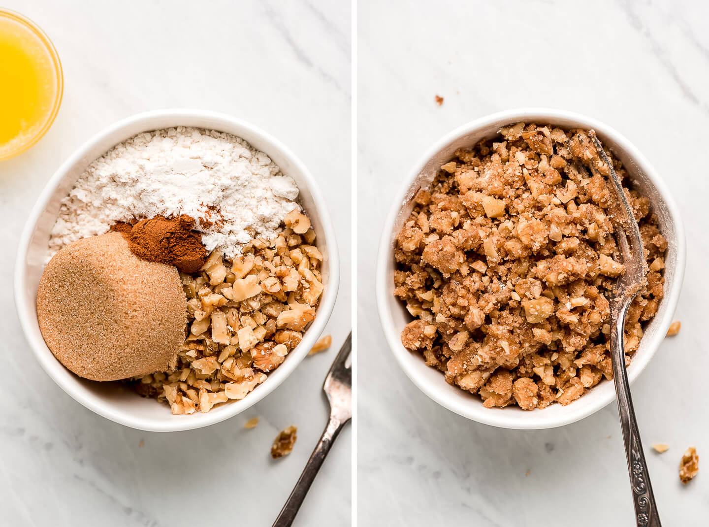 Diptych- A bowl of flour, sugar, spices, and walnuts with melted butter to the side; all ingredients mixed together to form a crumble.