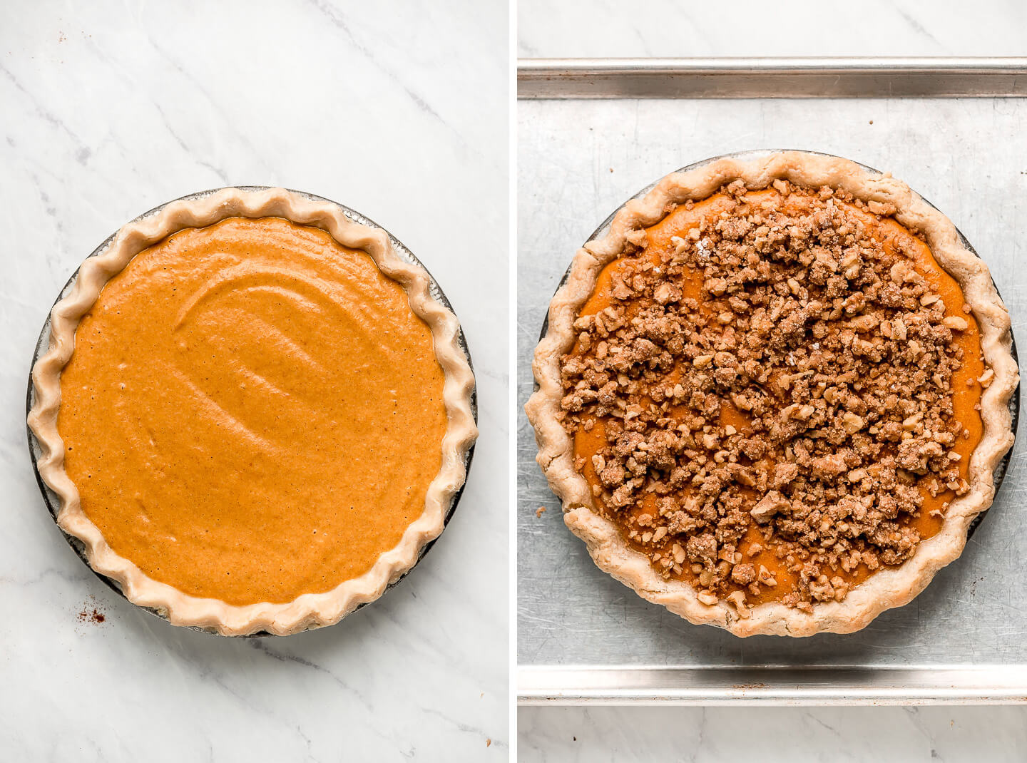 Diptych- A pie crust filled with homemade pumpkin filling; topped with a walnut streusel.