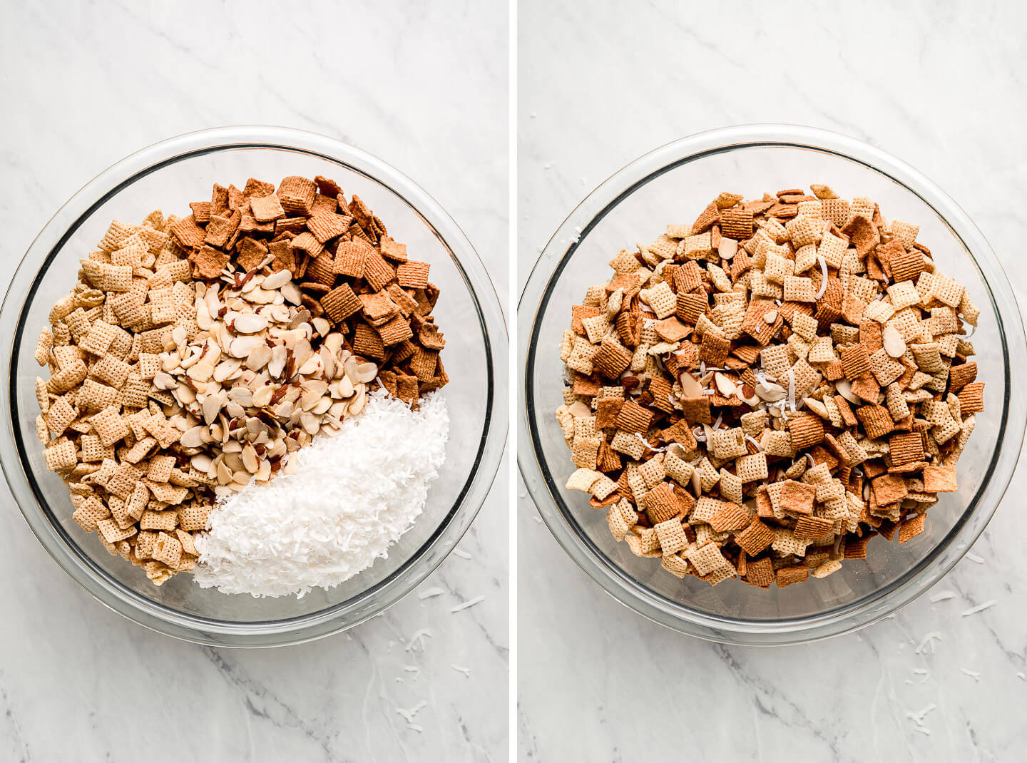 Diptych- Chex, Golden Grahams, coconut flakes, and sliced almonds in a large glass mixing bowl; all mixed together in a bowl.