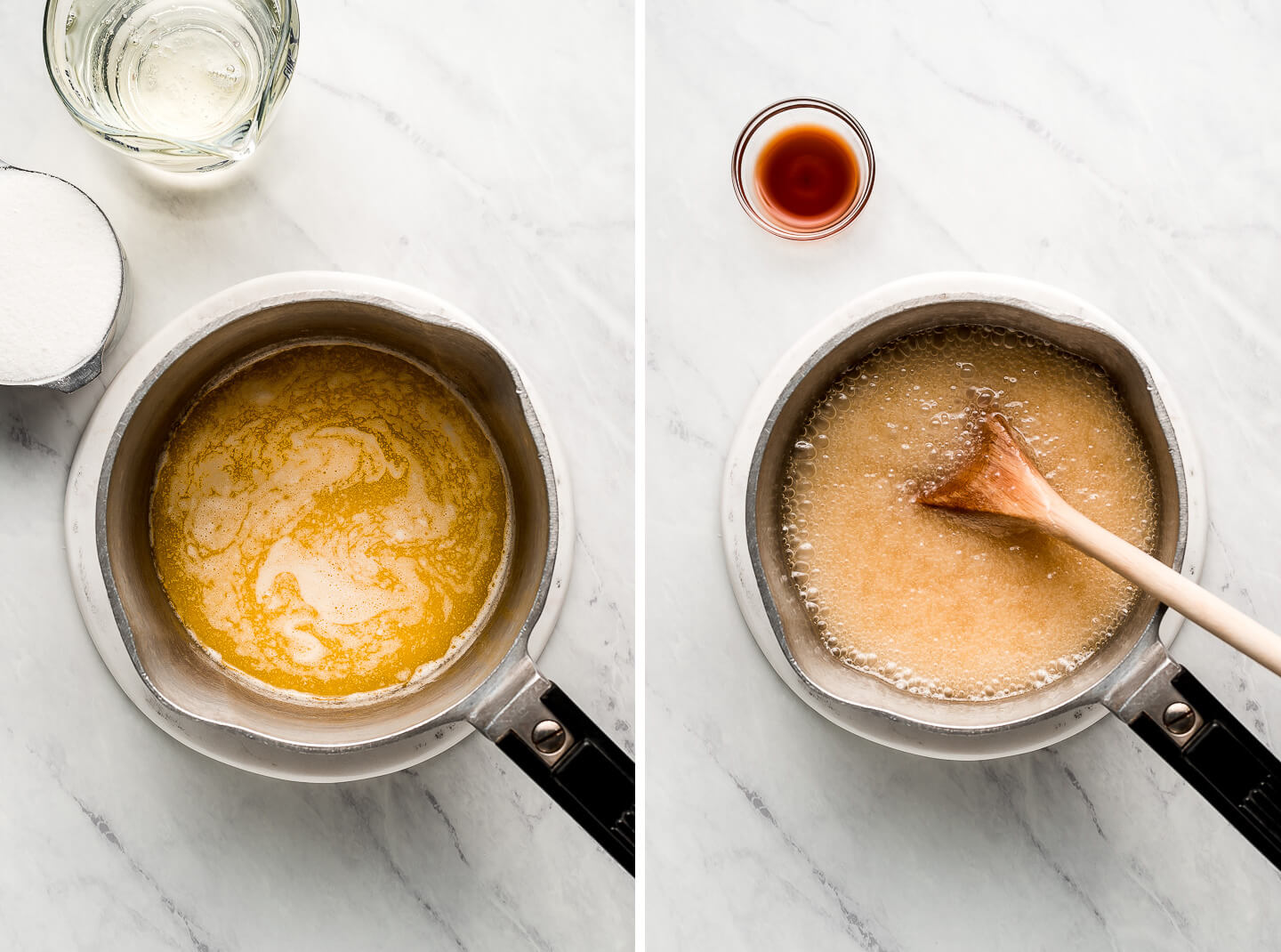 Diptych- Pot with melted butter and measuring cups of sugar and corn syrup to the side; Cooked syrup with a little bowl of vanilla to the side.