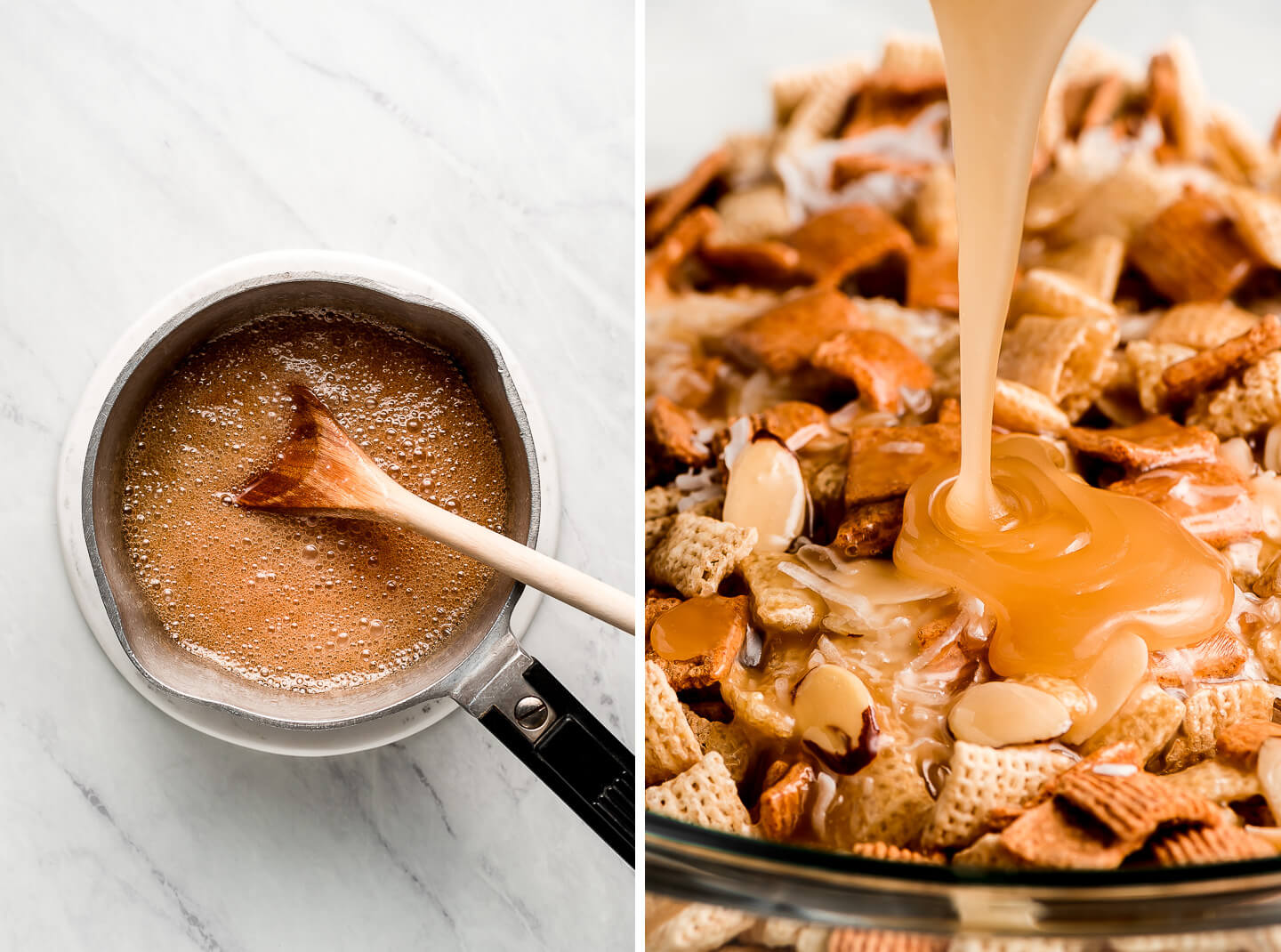 Diptych- Bubbly caramel sauce in a pot; pouring the sauce on cereal mixture.