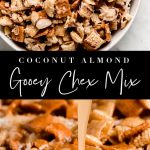 Coconut Almond Gooey Chex Mix in a bowl; pouring caramel sauce over cereal mixture.