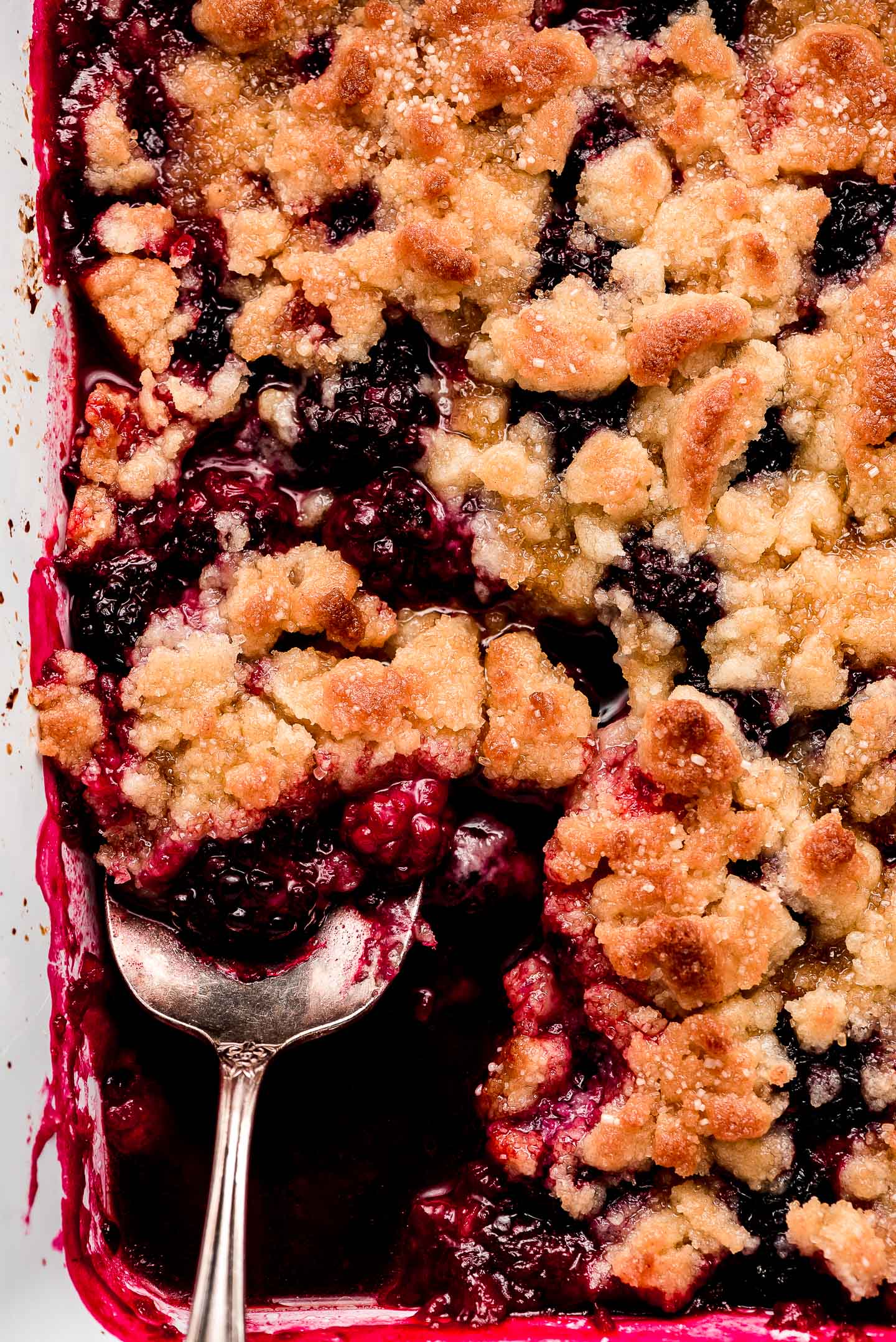 Close up shot of Blackberry Cobbler in a white baking dish.