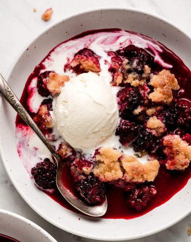 Close up of warm Blackberry Cobbler topped with vanilla ice cream.