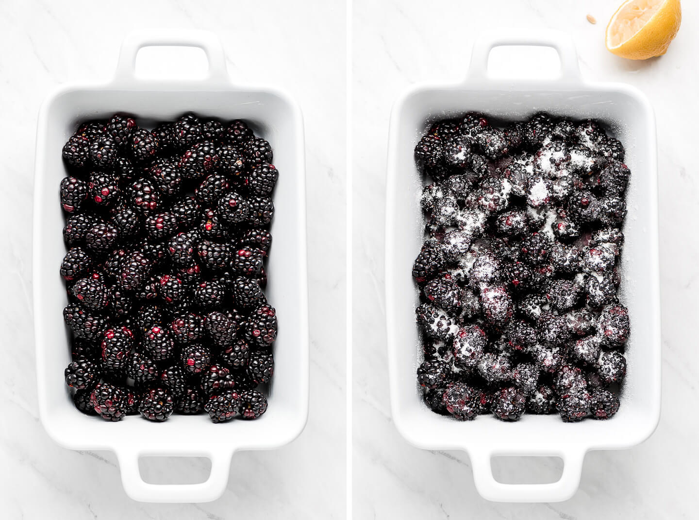 Fresh blackberries in a white baking dish; Blackberries tossed in lemon juice and sugar.