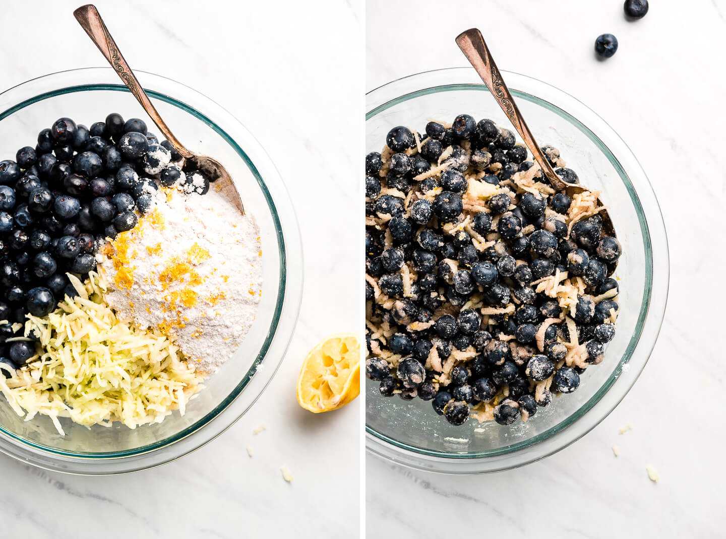 Diptych- Blueberries in a glass mixing bowl with sugar, shredded apple, and lemon zest; mixed together.