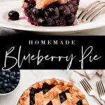 A slice of Homemade Blueberry Pie with a scoop of ice cream on top.