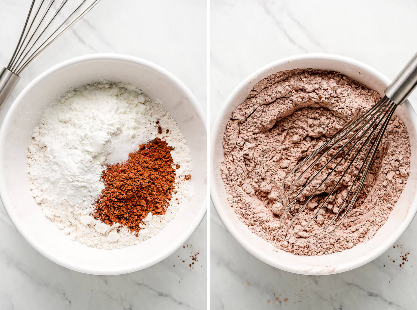 Diptych- Bowl of flour and cocoa powder; ingredients whisked together.