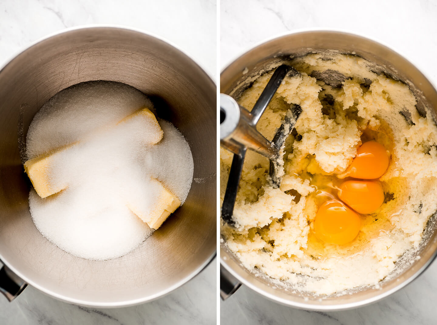 Diptych- Metal mixing bowl with sticks of butter and sugar; eggs added.