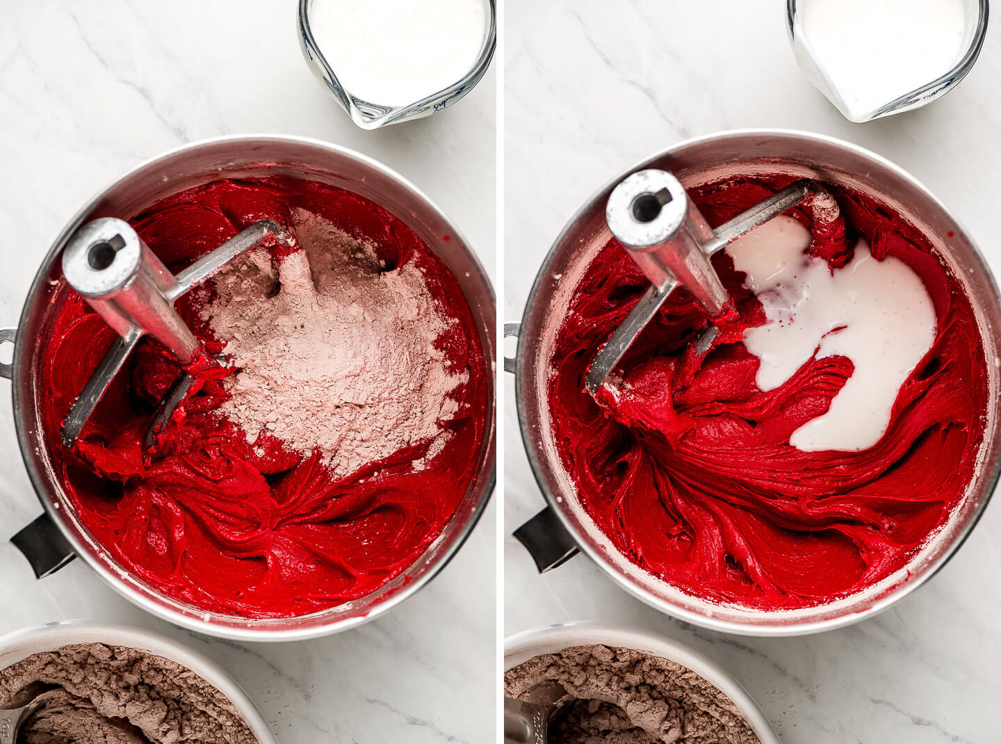 Diptych- Bowl of red batter with dry ingredients added; milk added.