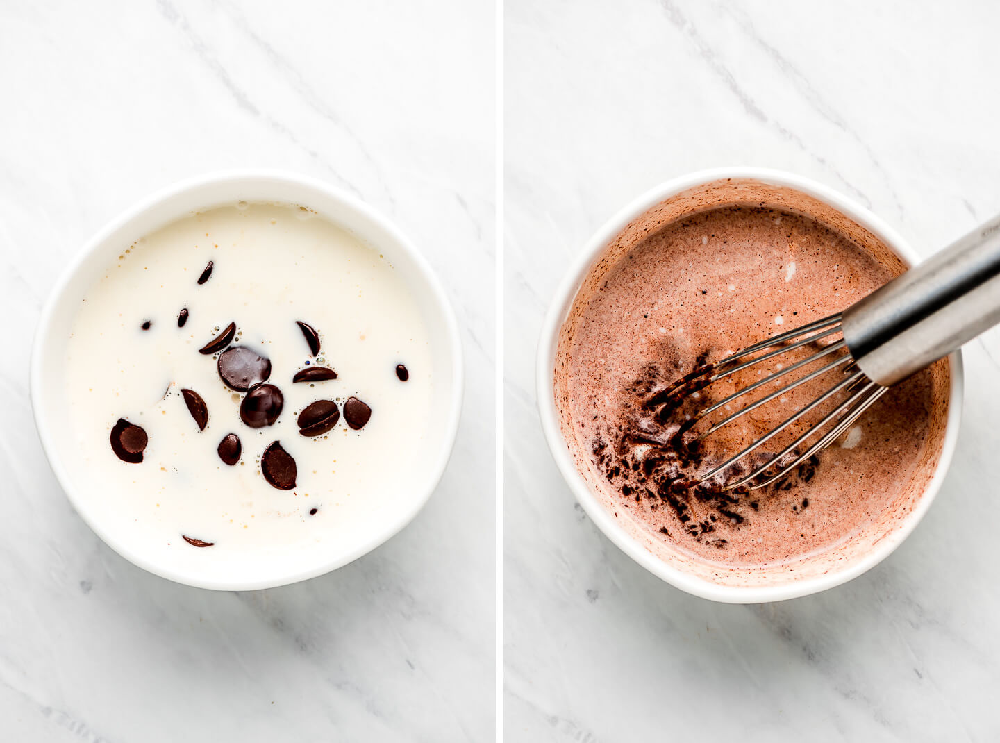 Diptych- Bowl of cream and chocolate chips; mixed together.