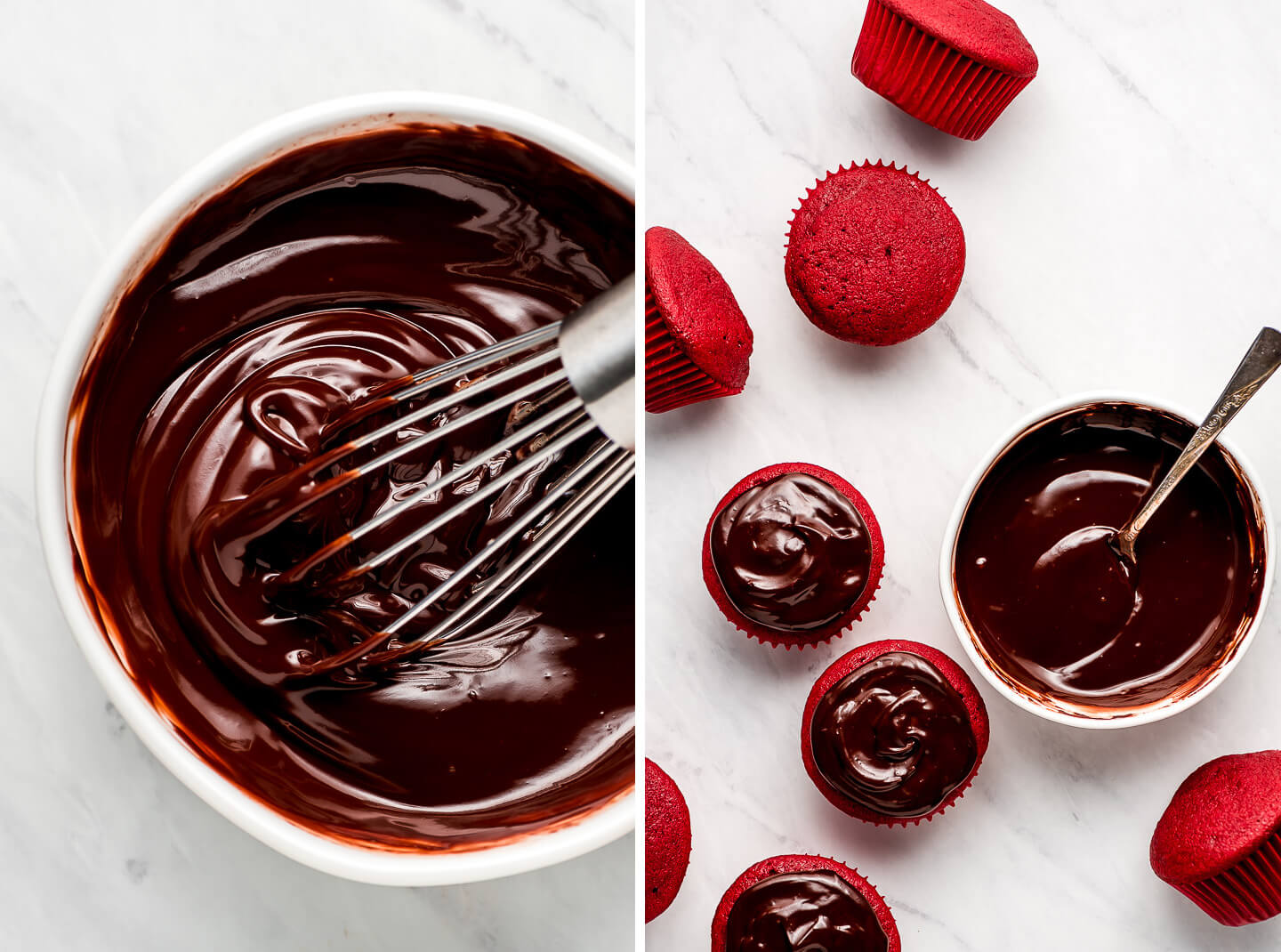 Diptych- Bowl of whisked ganache; ganache on a few red velvet cupcakes.