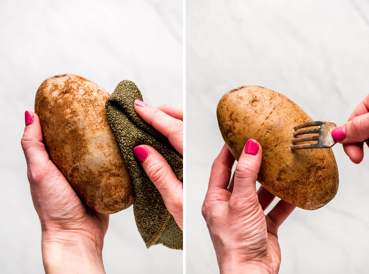 Diptych- scrubbing a potato; poking a potato with a fork.