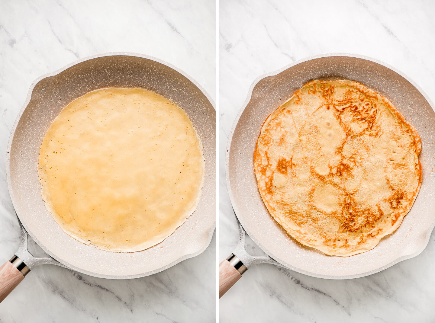Diptych- Skillet with a half cooked crepe; crepe flipped over in pan.