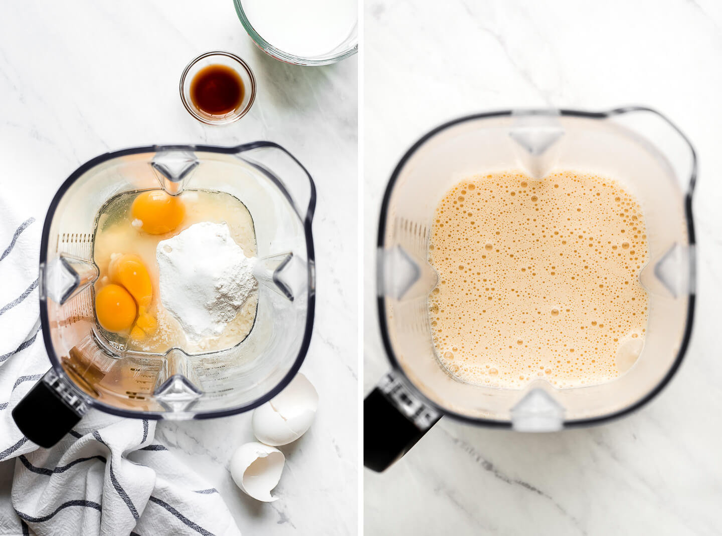 Diptych- Top view of a blender with flour, sugar, eggs; all ingredients blended together.