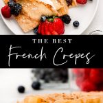 3 French Crepes on a plate stuffed with whipped cream, Nutella, and fresh fruit.