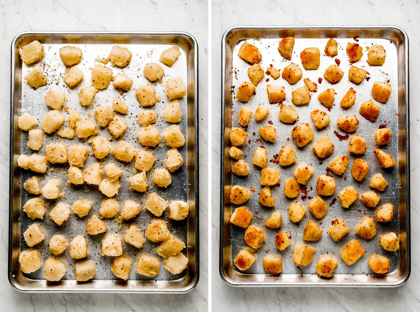 Diptych- Sheet pan with cut and seasoned parboiled potatoes; same potatoes baked.