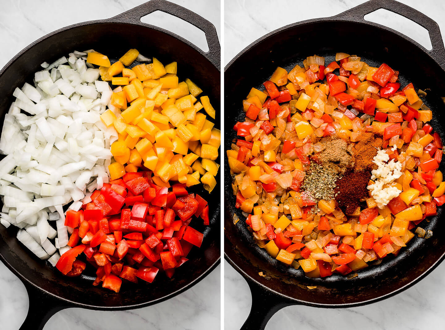 Diptych- Cast iron skillet with raw onion and pepper; cooked onion and peppers with seasonings on top.