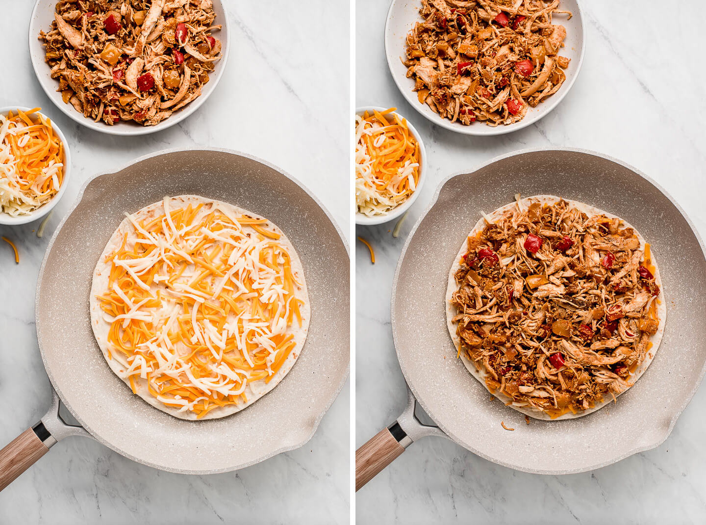Diptych- A skillet with a tortilla covered in shredded cheese; chicken and vegetable filling on top.