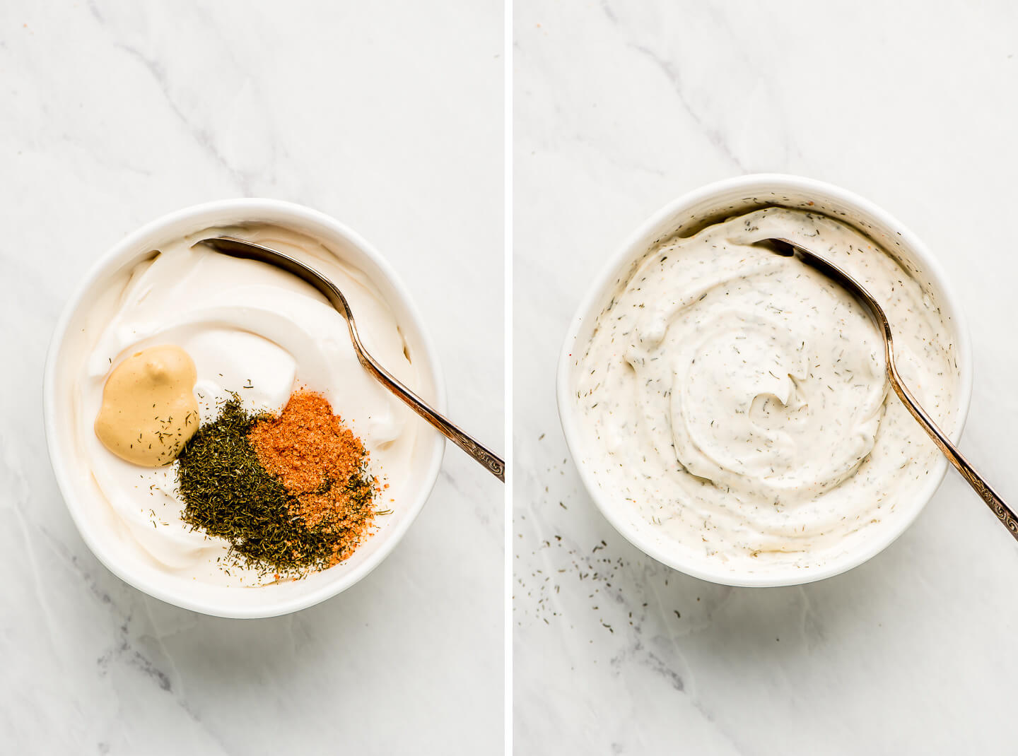 Diptych- Small bowl of a thick white creamy sauce with seasonings on top; all mixed together.