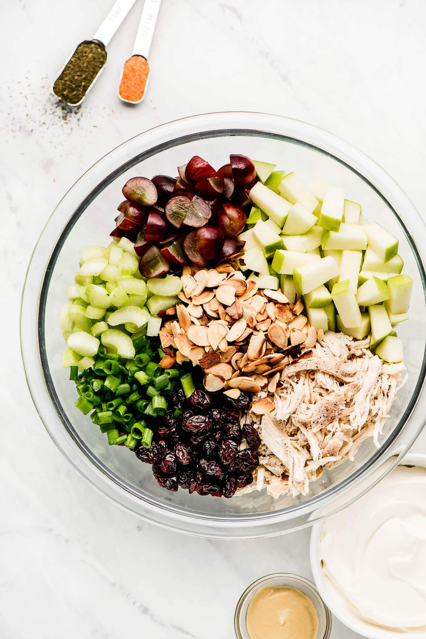 A bowl with piles of grapes, apples, shredded chicken, dried cranberries, green onions, celery, and sliced almonds.