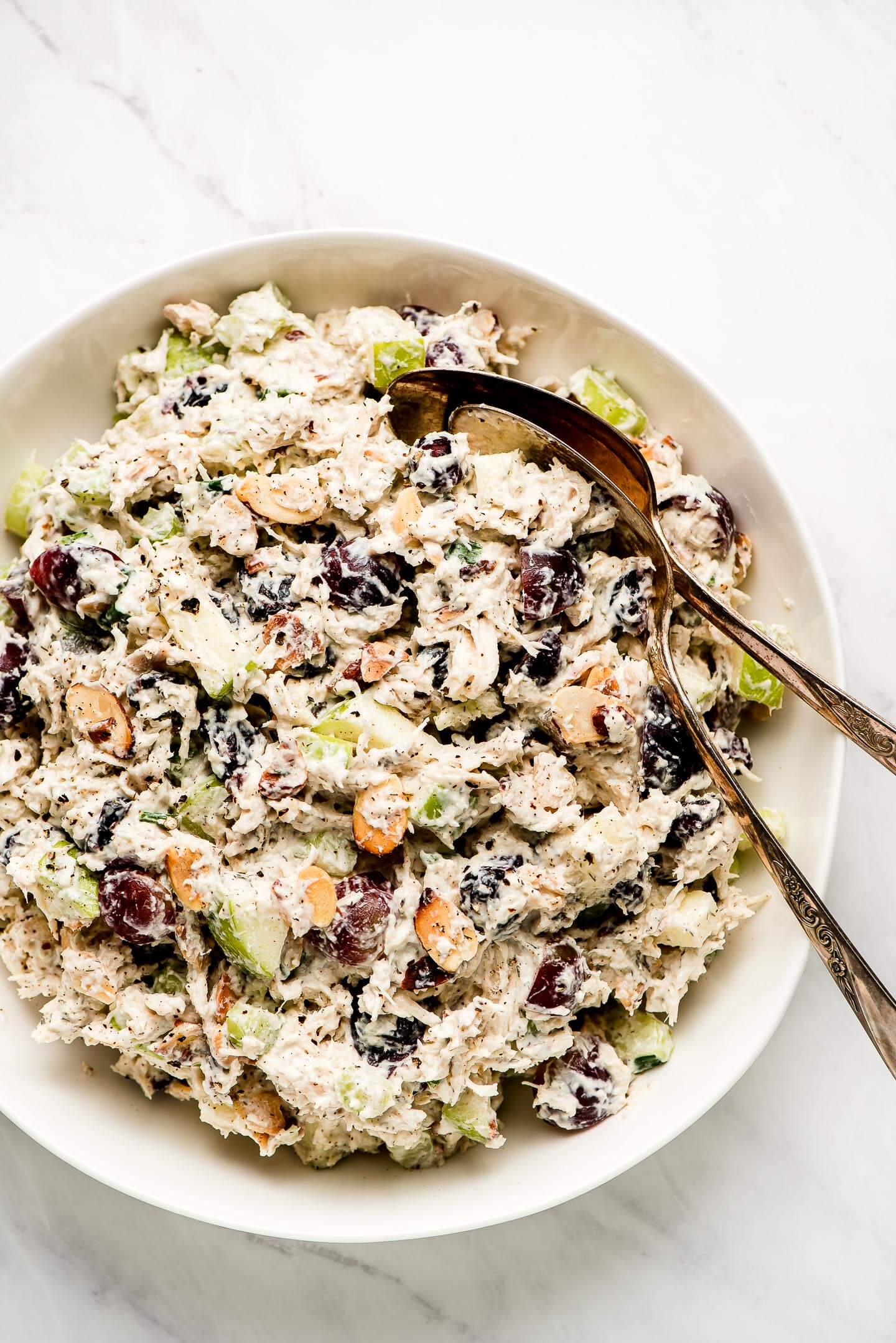 A white bowl of a mix of shredded chicken, apples, grapes, almonds, raisins and celery.