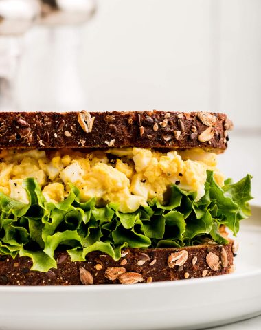 Close up side view of an Egg Salad Sandwich.