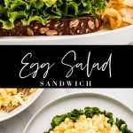 Close up side view of an Egg Salad Sandwich with chips at the side.