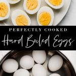 Hard boiled eggs cut in half on a plate; eggs in a pot.