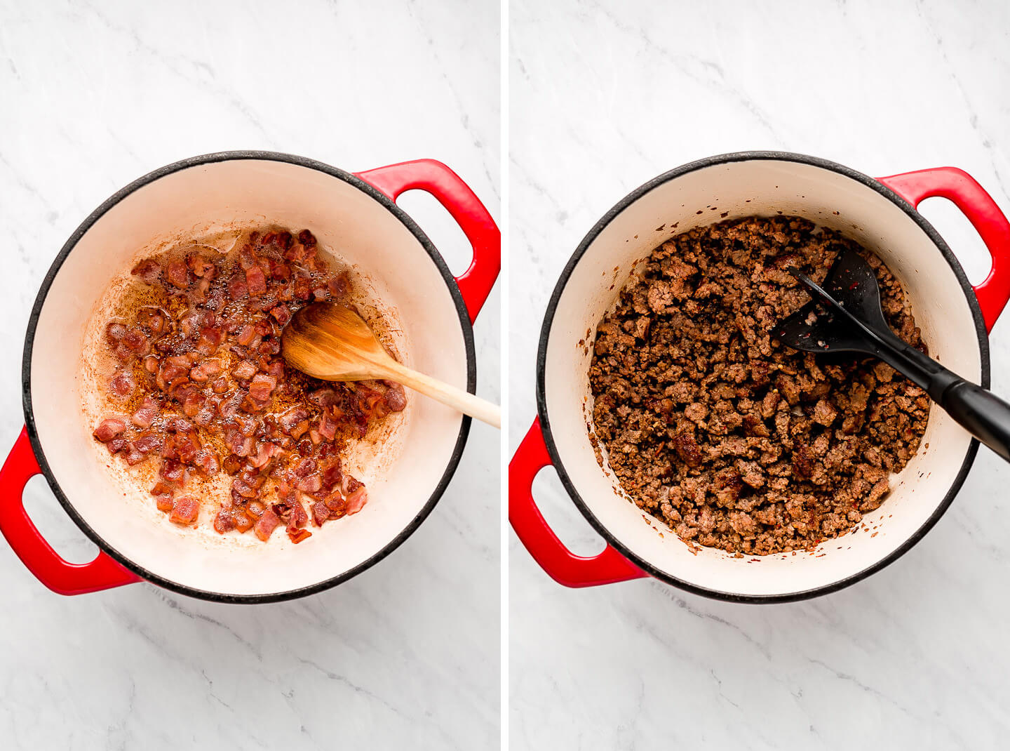 Diptych- Pot of cooked bacon; pot of browned ground sausage.