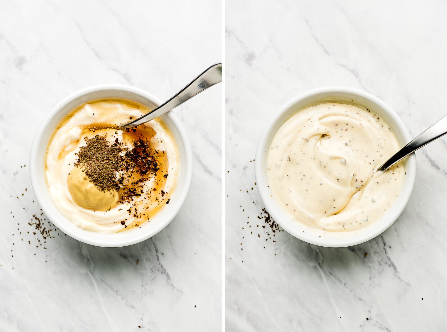 Diptych-a bowl of mayo, mustard, vinegar, and spices; all mixed together.