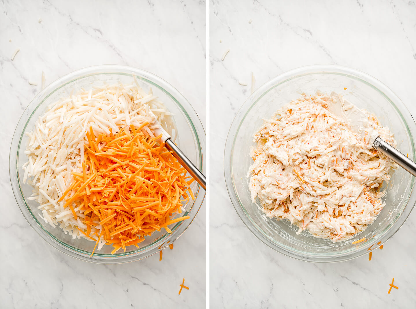 Diptych- Glass bowl of shredded potatoes and cheddar cheese; mixed together with cream mixture.