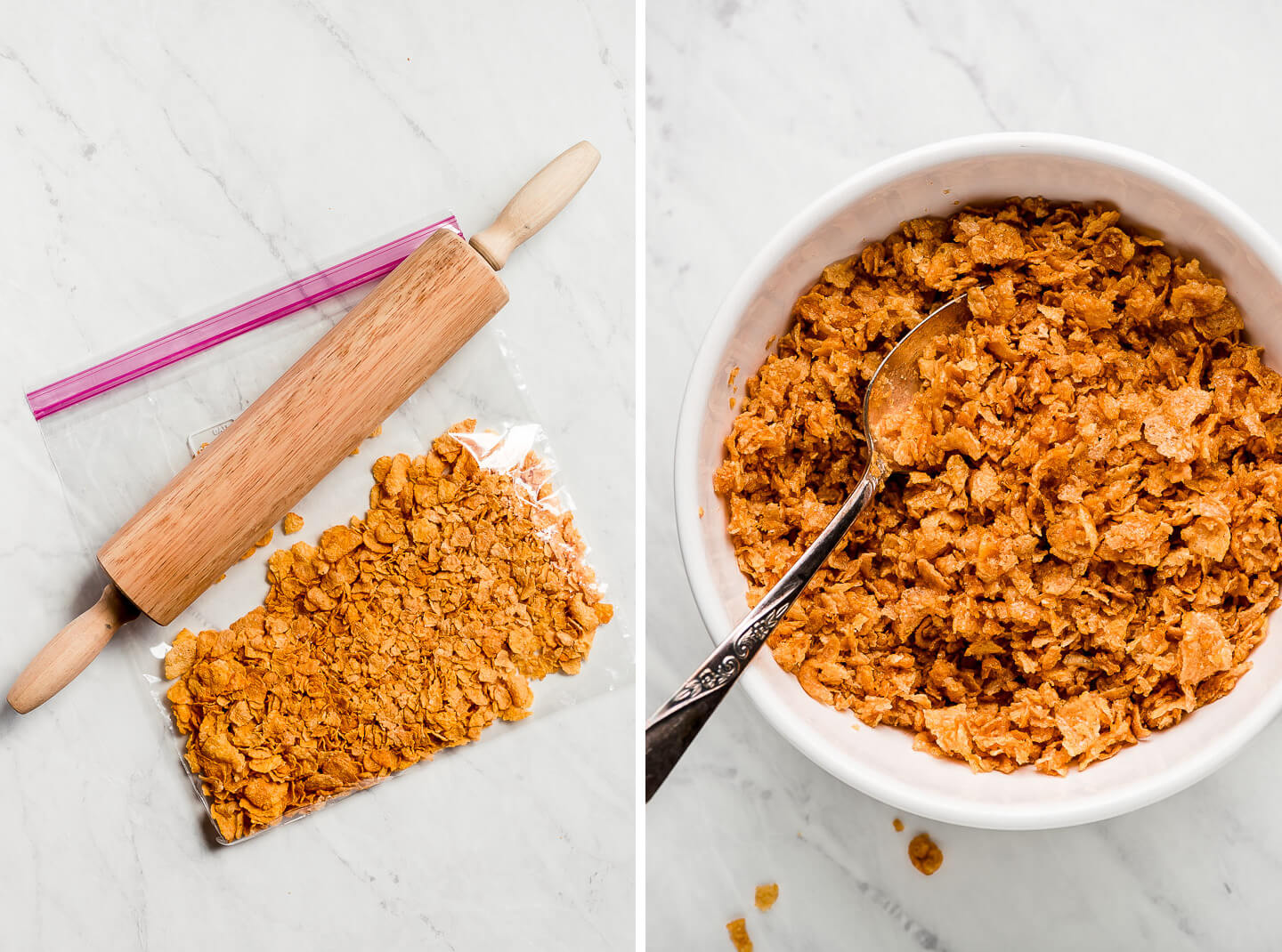 Diptych- Bag of crushed cornflakes with rolling pin; cornflakes mixed with melted butter in a bowl.