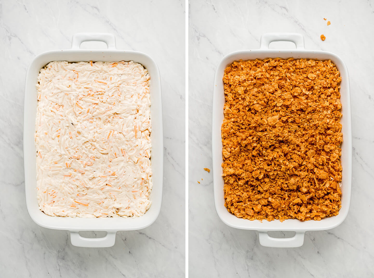 Diptych- A white baking dish with cream coated shredded potatoes and cheese; topped with cornflakes.