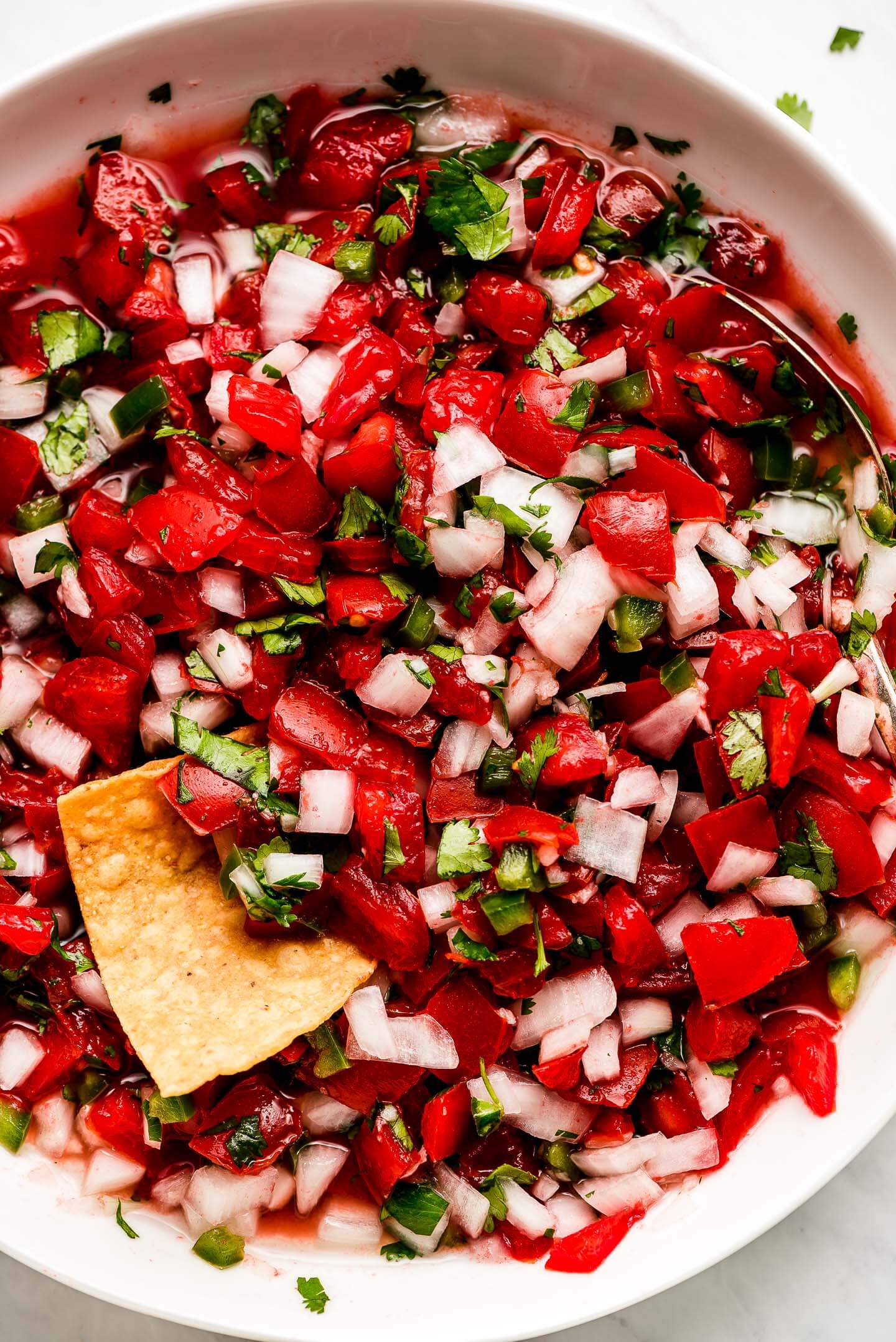 Close up of pico de gallo in a bowl with a chip in it.