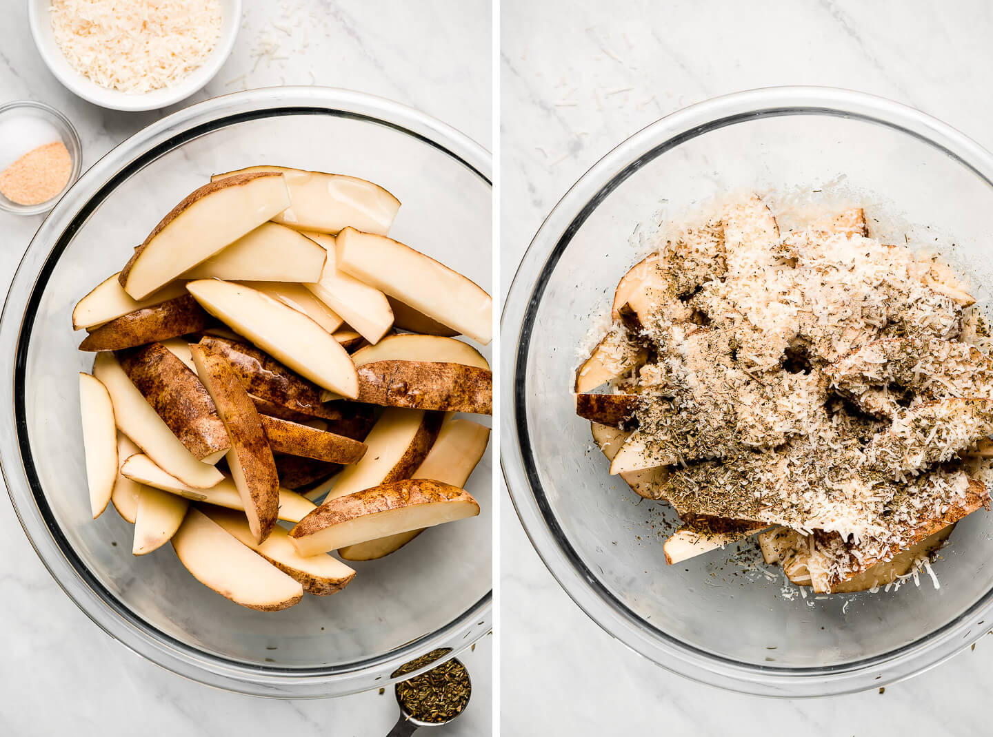 Diptych- Raw potato wedges in a bowl with parmesan and seasonings to the side; ingredient on potatoes.